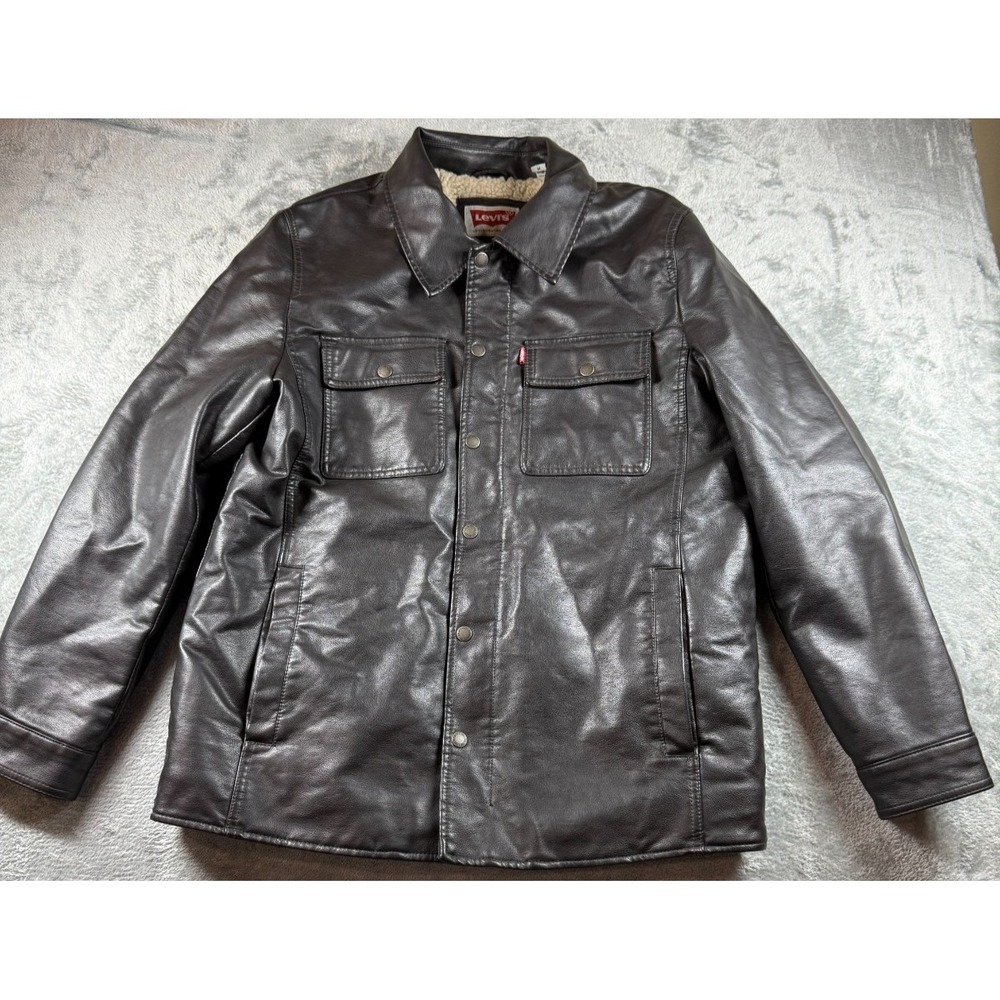 Levi's Faux Leather Sherpa Lined Trucker Jacket Men's M Black PU Moto Western
